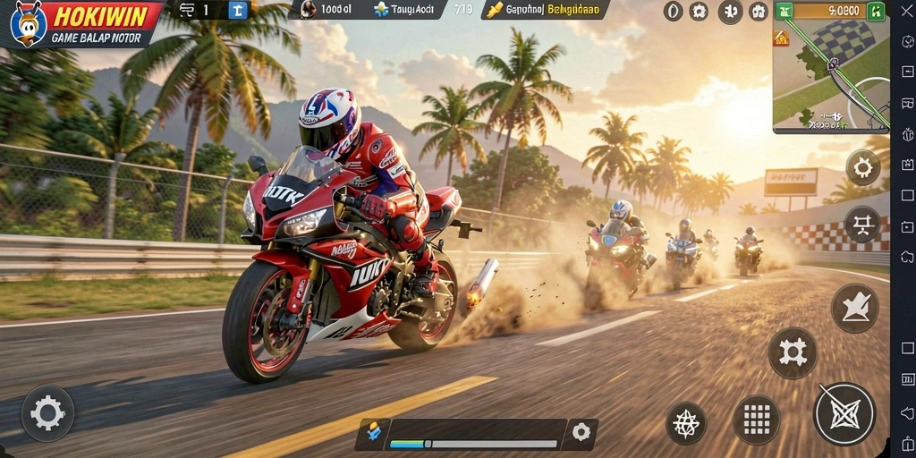 Tangkapan layar gameplay HOKIWIN menampilkan aksi balap motor seru.