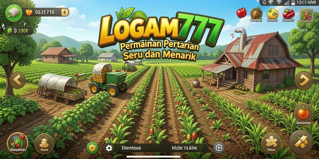 Tangkapan layar gameplay LOGAM777 menampilkan petani yang memanen hasil tanaman.