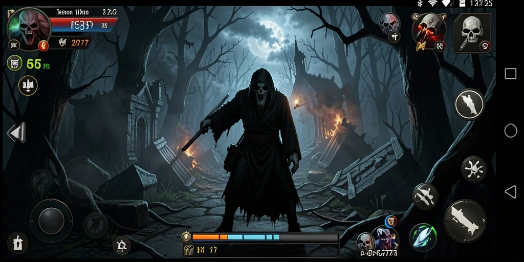 Screenshot gameplay PG777 menampilkan suasana mencekam dan hantu yang menakutkan.