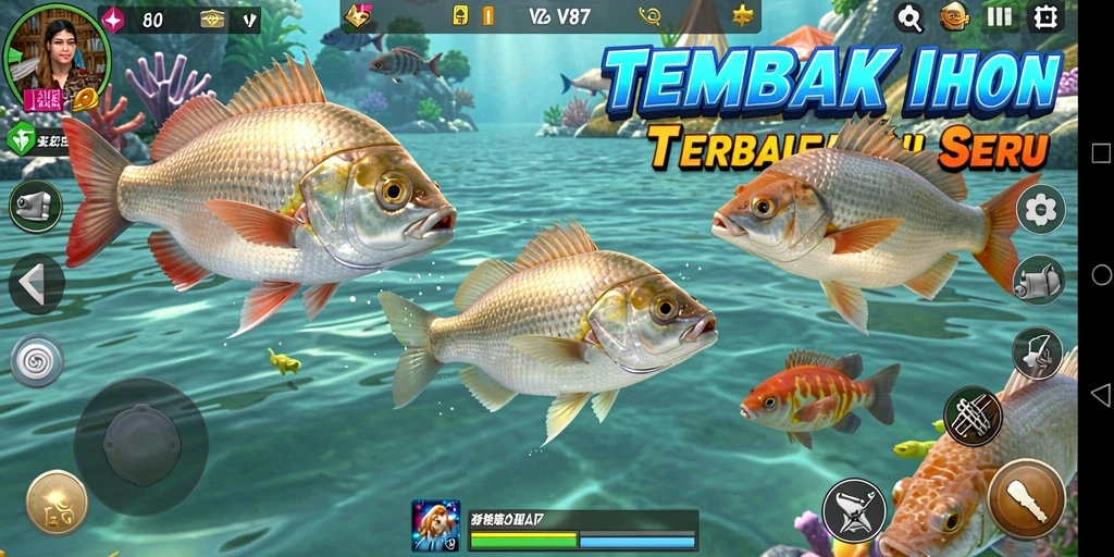 Tangkapan layar gameplay V87 yang menunjukkan aksi menembak ikan.